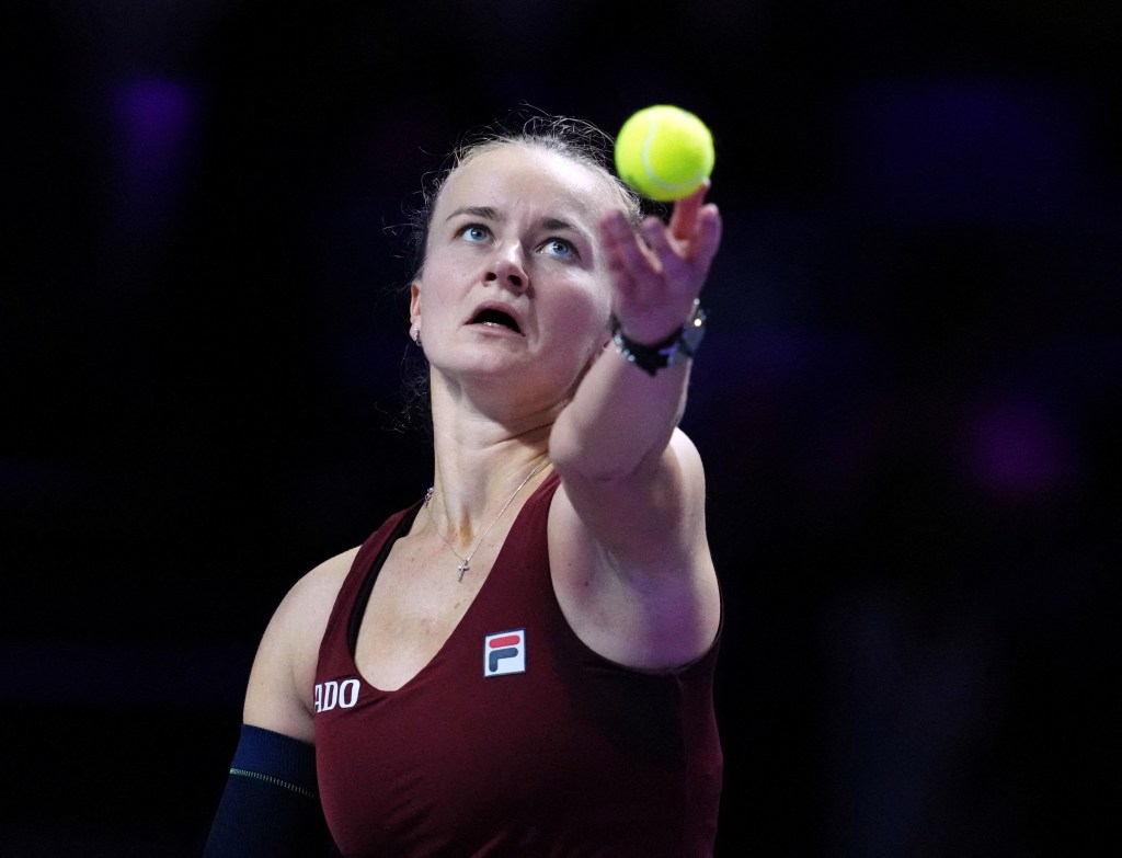 Czech Republic's Barbora Krejcikova in action during her women's singles semi final match against China's Qinwen Zheng 