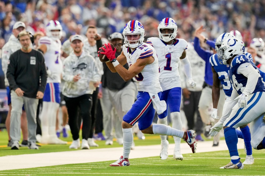 Buffalo Bills wide receiver Mack Hollins (13) rushes out of bounds Sunday, Nov. 10, 2024, during a game against the Indianapolis Colts at Lucas Oil Stadium in Indianapolis.