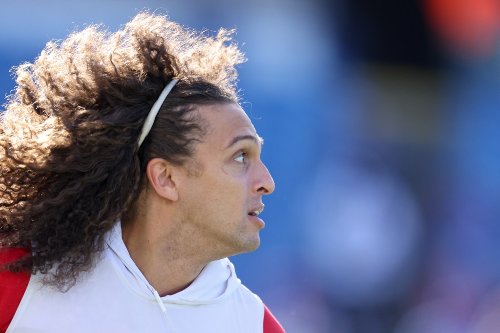 Mack Hollins warms up prior to a game against the Miami Dolphins at Highmark Stadium on November 03, 2024 in Orchard Park, New York.