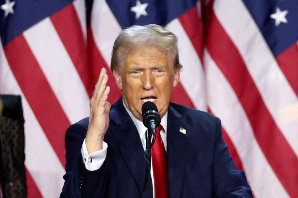 Former U.S. President Donald Trump addressing supporters at a rally for the 2024 U.S. Presidential Election in West Palm Beach, Florida