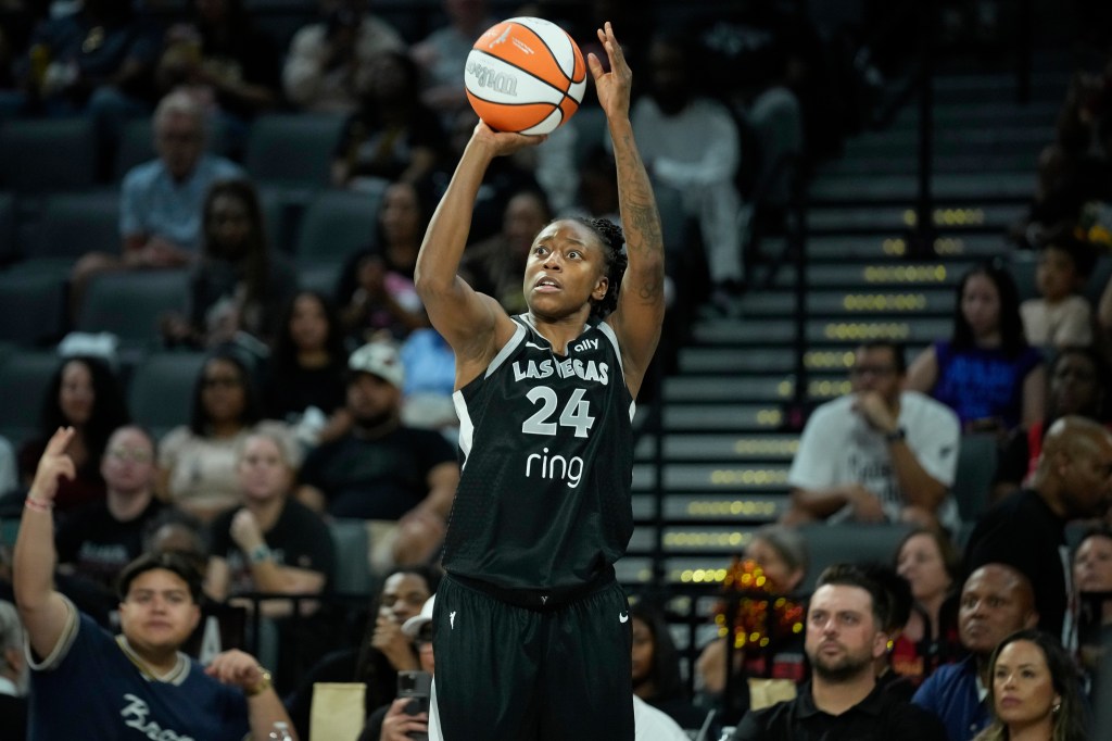 Las Vegas Aces guard Jewell Loyd (24) shoots during a WNBA playoff game.