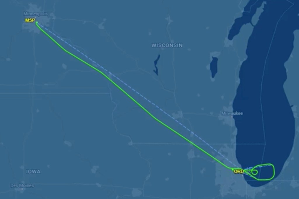 Flight path from Minneapolis (MSP) to Chicago O'Hare (ORD).