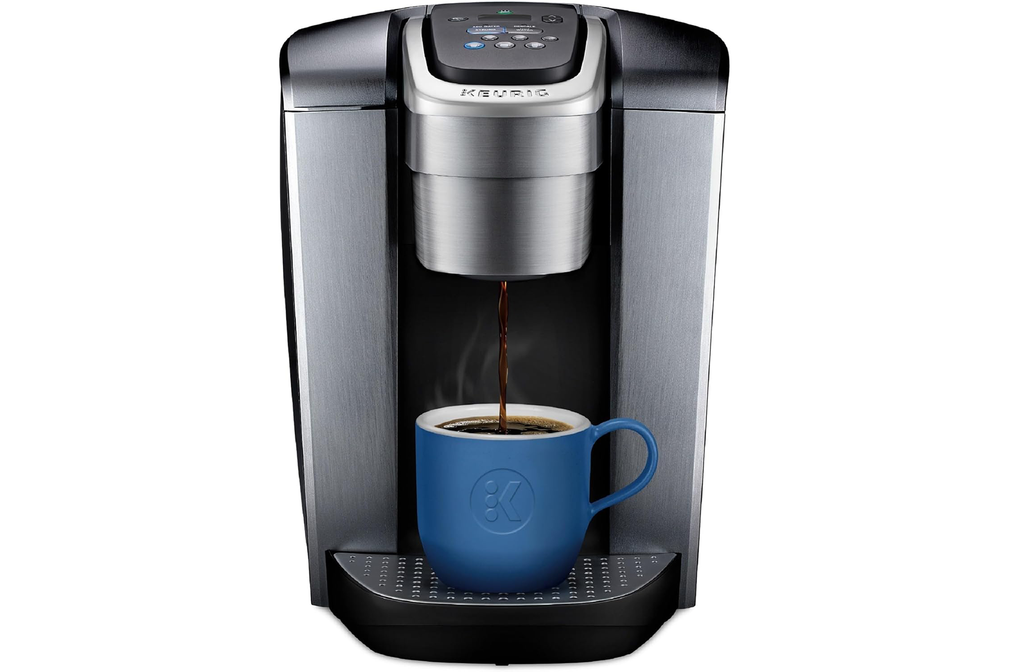 Keurig coffee maker brewing coffee into a blue mug.