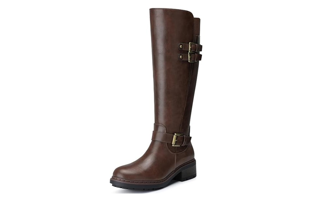 Brown knee-high boot with buckles.