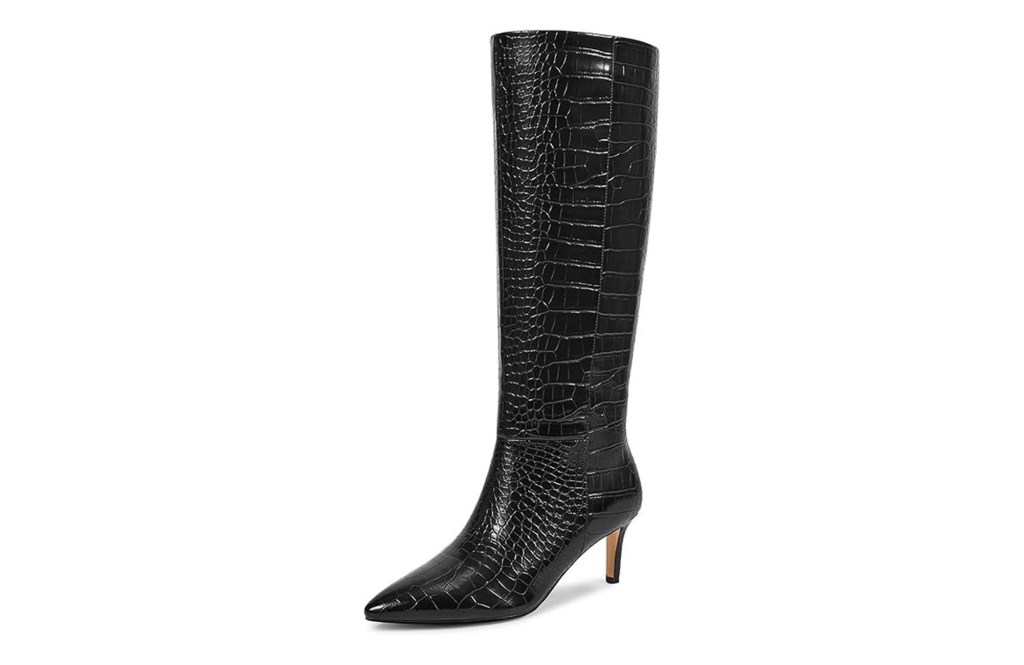 Black crocodile-embossed knee-high boot with a pointed toe and kitten heel.