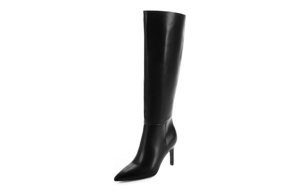 Black high-heel leather boot.