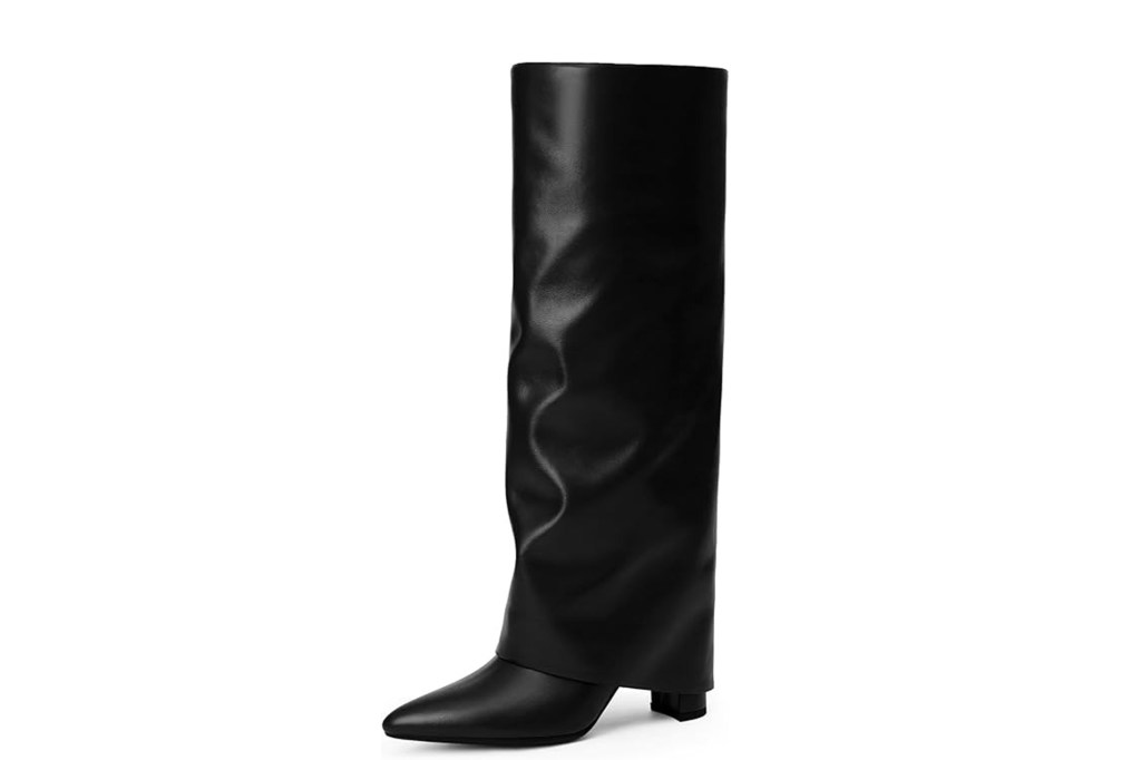 Black long boot with a pointed toe and short heel.