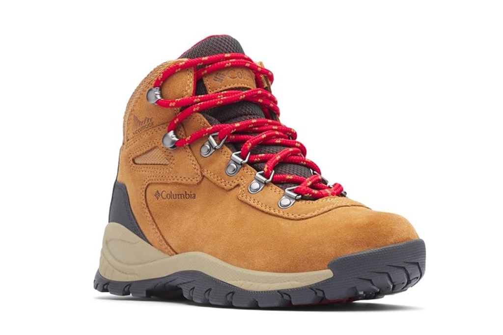 Columbia Newton Ridge Plus II Suede Waterproof Hiking Boots in tan with red laces.