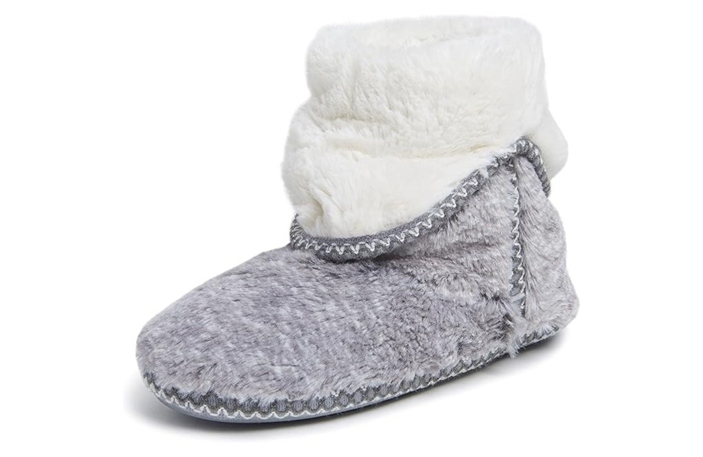 Gray and white plush slipper boot with a rolled-down collar.