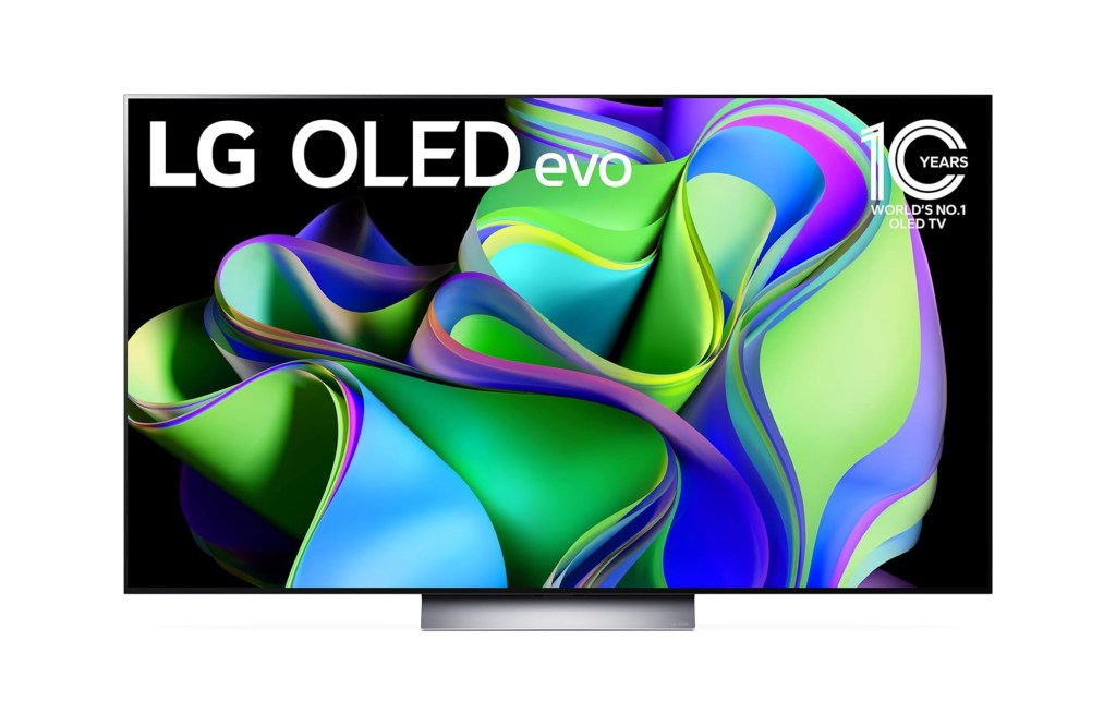 LG OLED evo TV displaying abstract colorful design.