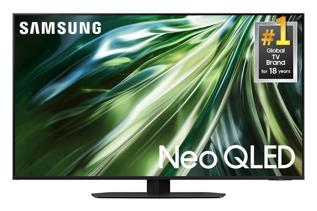 A television screen displaying a logo