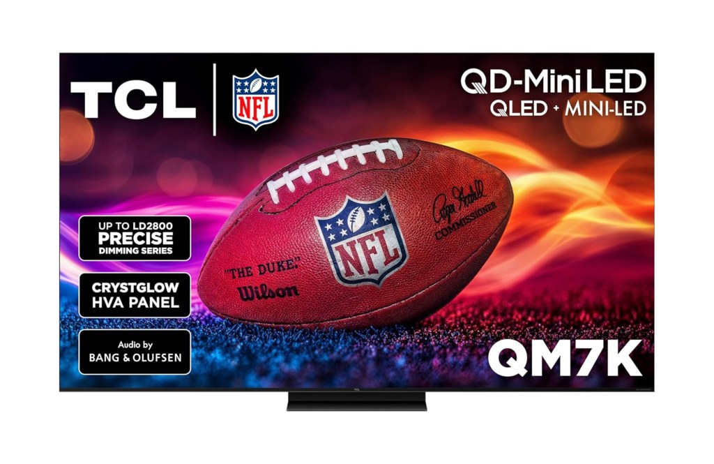 TCL QM7K Series TV with QD-Mini LED technology and a football on screen.