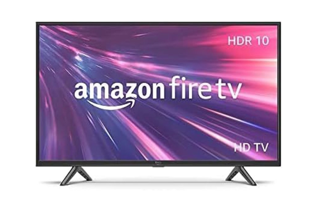 Amazon Fire TV with HDR 10 and HD TV features, displaying a screen with the Amazon logo and "amazon fire tv" text.