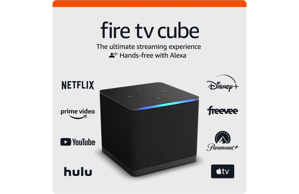 Fire TV Cube with various streaming service logos.