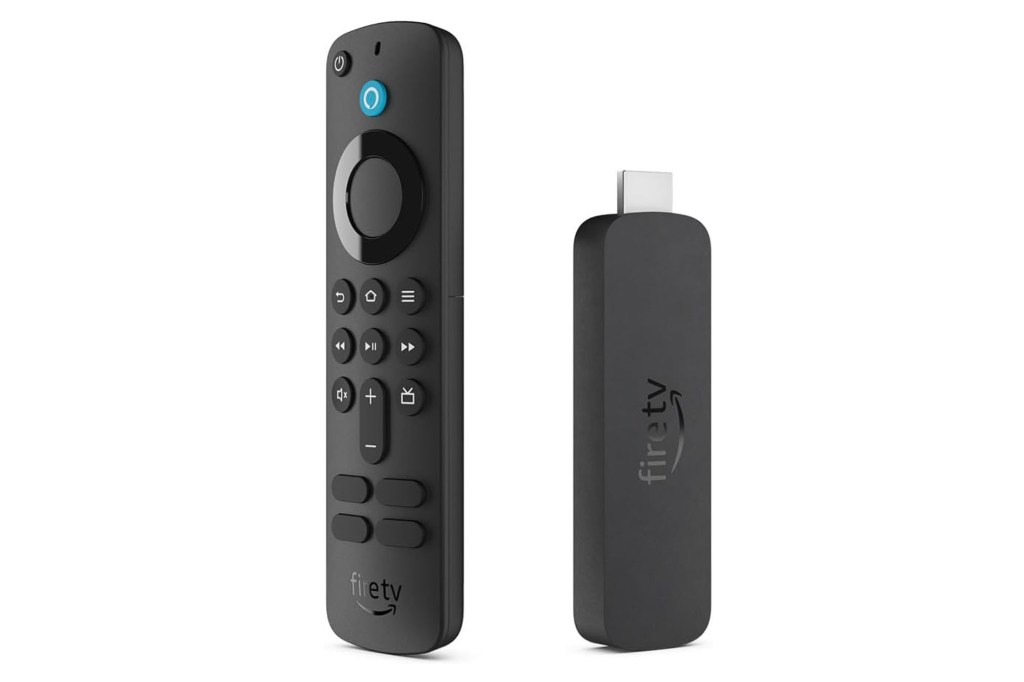 A black Amazon Fire TV Stick remote control.