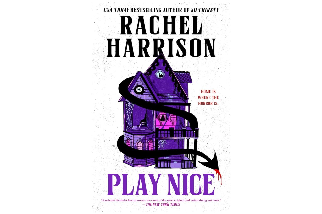 Illustration of the book cover for "Play Nice" by Rachel Harrison, featuring a spooky purple house with a black ribbon wrapped around it, dripping blood.