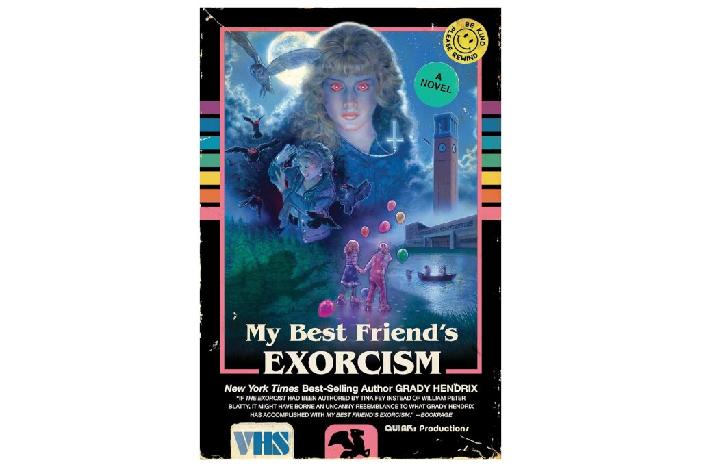 Illustration of the book cover for "My Best Friend's Exorcism" by Grady Hendrix, designed like a VHS tape cover, with a horror-themed image of a girl with glowing red eyes.