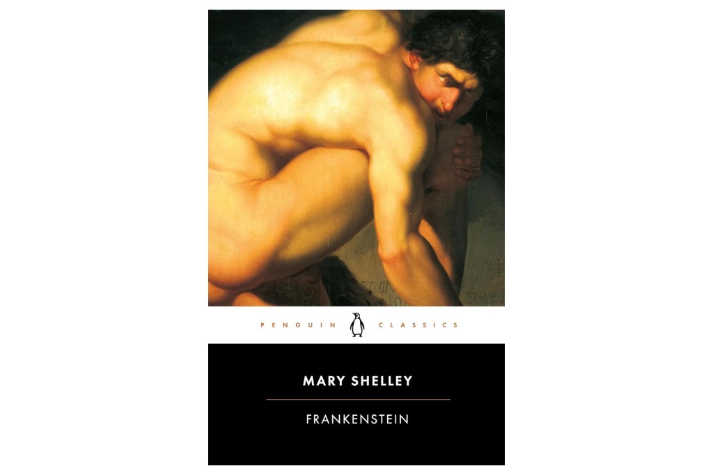 Book cover for Mary Shelley's Frankenstein, featuring a painting of a muscular, nude figure with a distressed expression, crouching.