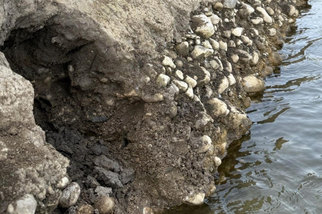 Eroded river bank where a 4,270-year-old human skull was found.
