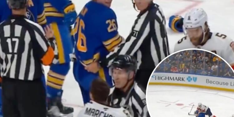 Panthers' Brad Marchand tears apart Sabres' Rasmus Dahlin's helmet