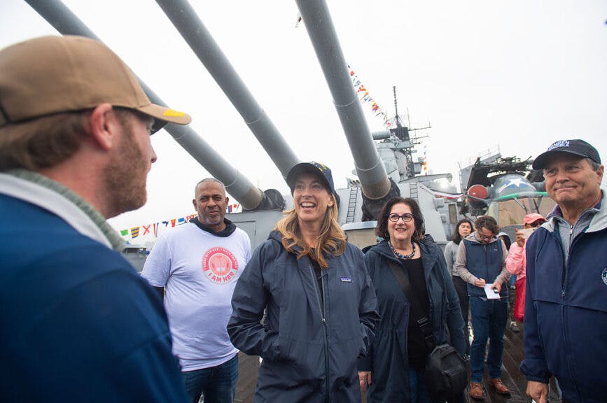 CAMDEN, NEW JERSEY - OCTOBER 11: New Jersey Democratic gubernatorial nominee Mikie Sherrill tours the USS Battleship New Jersey as part of a campaign stop on October 11, 2025 in Camden, New Jersey. Sherrill is set to square off against Republican nominee Jack Ciattarelli on November 4 for the position as New Jersey's 57th governor. (Photo by Matthew Hatcher/Getty Images)
