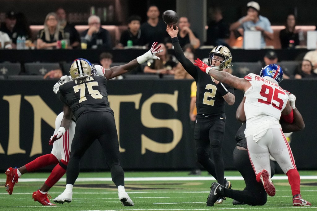 Spencer Rattler throws a pass during the Saints-Giants game on Oct. 5, 2025. 