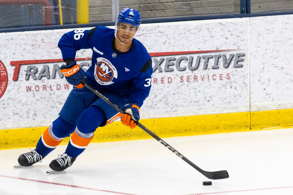 Isaiah George skates with the puck during Islanders practice on Sept. 18, 2025. 