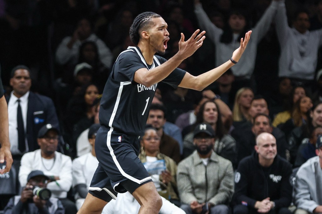 Brooklyn Nets forward Ziaire Williams (1) reacts after a no-call by the officials in the fourth quarter against the Cleveland Cavaliers at Barclays Center. 