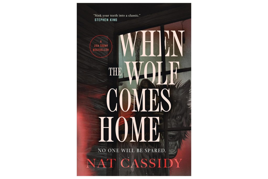 Illustration of the book cover "When the Wolf Comes Home" by Nat Cassidy, featuring a large, scary wolf peering through a window.