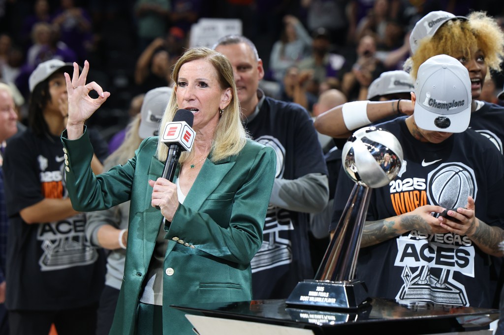 WNBA commissioner Cathy Engelbert was drowned out by boos as she presented the Aces their championship trophy after their WNBA finals-clinching win over the Mercury on Oct. 10, 2025.