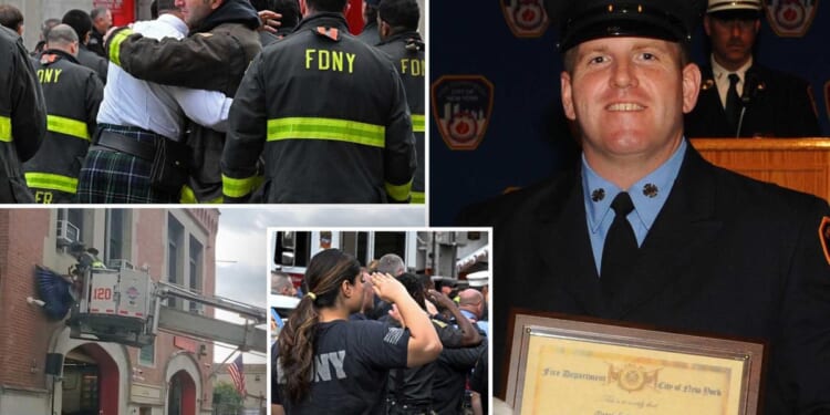 Widow, FDNY siblings of fallen firefighter Patrick Brady weep as bunting is put up at firehouse