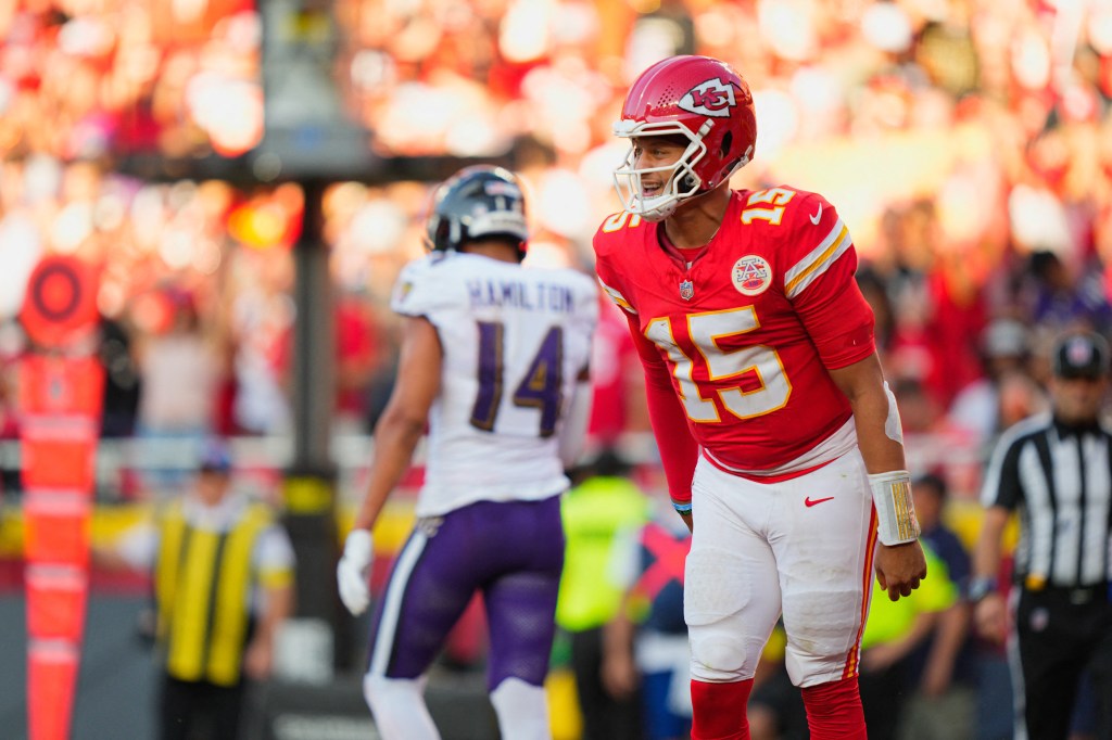 Kansas City Chiefs quarterback Patrick Mahomes (15) celebrates after a touchdown.