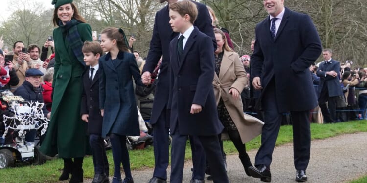 Kate, Princess of Wales, left, with Prince Louis, Princess Charlotte, Prince William and Prince George arrive for the Christmas day service at St Mary Magdalene Church in Sandringham in Norfolk, England, Wednesday, Dec. 25, 2024, at right, is Mike Tyndall husband of Zara Phillips. (AP Photo/Jon Super)