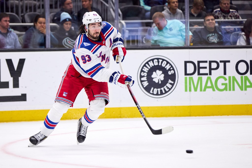 New York Rangers center Mika Zibanejad (93) looks to pass during the third period against the Seattle Kraken at Climate Pledge Arena. 