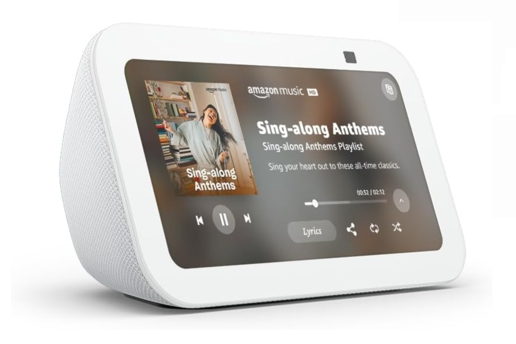 Amazon Echo Show 5 playing a sing-along playlist.