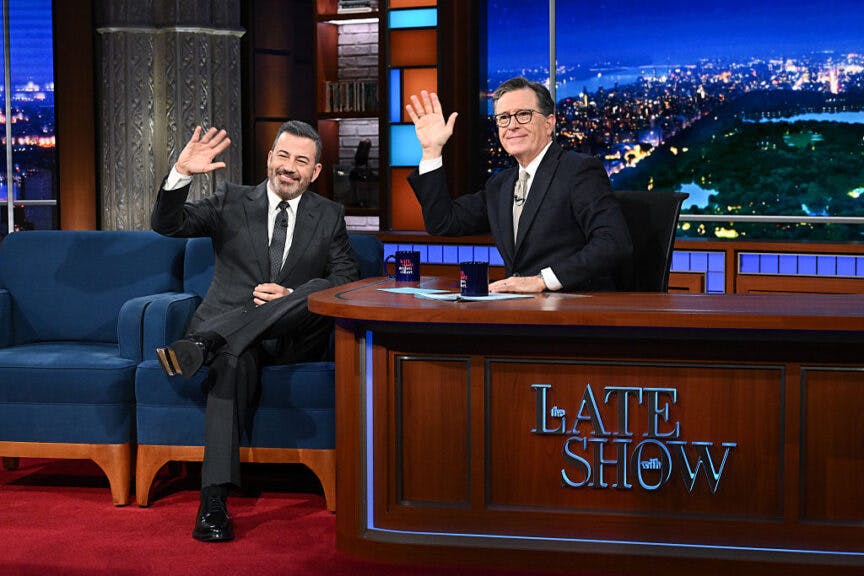 NEW YORK - SEPTEMBER 30: The Late Show with Stephen Colbert and guest Jimmy Kimmel during Tuesday's September 30, 2025 show. (Photo by Scott Kowalchyk/CBS via Getty Images)