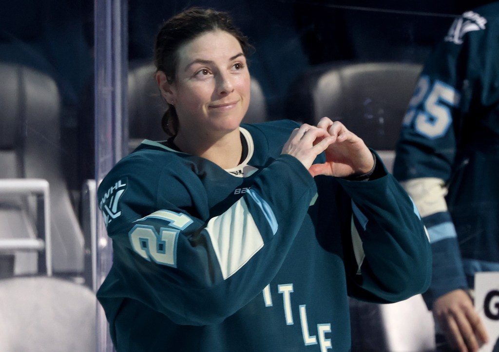 Seattle Torrents' Hilary Knight, acknowledging the fans during a game earlier this season, scored a power play goal in their 2-1 home win over the Sirens on Dec. 3, 2025.