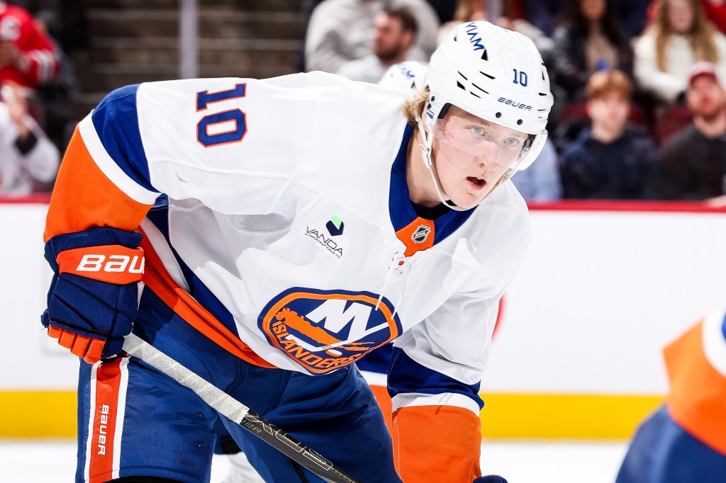 Simon Holmstrom of the New York Islanders on ice.