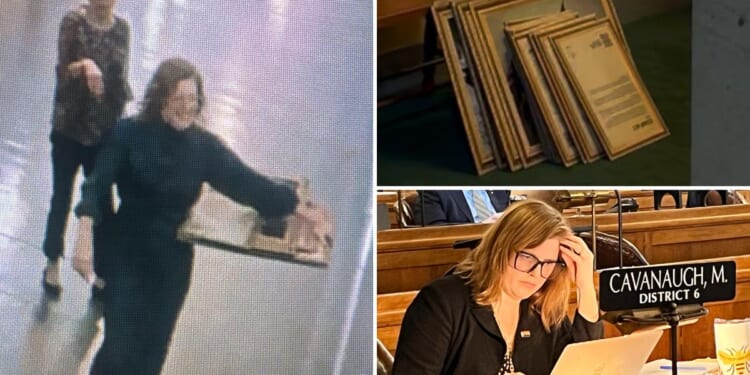 Nebraska state Senator Machaela Cavanaugh caught removing founding fathers portrats from Capitol