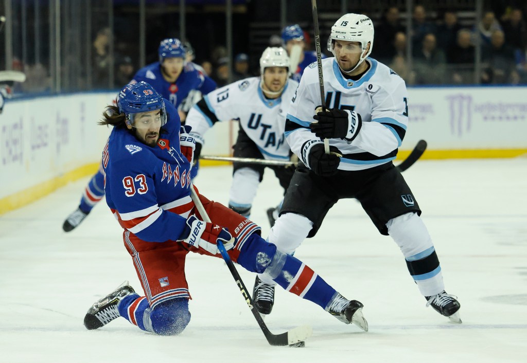 Mika Zibanejad passes the puck off one knee in the first period at Madison Square Garden in Manhattan, New York, Monday, January 05, 2026. 