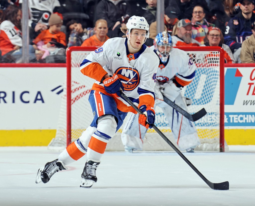 Max Shabanov #49 of the New York Islanders skates against the Philadelphia Flyers at the Xfinity Mobile Arena on January 26, 2026 in Philadelphia, Pennsylvania. 