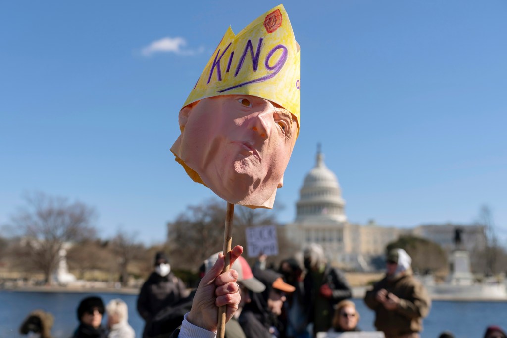 A person holds a stick with a mask wearing a "KING" crown, with the Capitol building in the background.