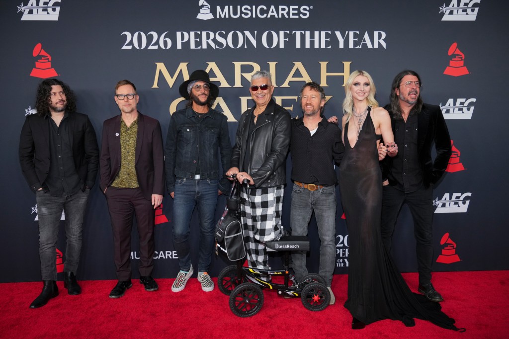Ilan Rubin, Nate Mendel, Rami Jaffee, Pat Smear, Chris Shiflett, Taylor Momsen and Dave Grohl attend the 2026 MusiCares Person of the Year Gala