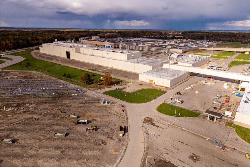 The former General Motors and Foxconn factory in Lordstown, Ohio, US, on Thursday, Oct. 23, 2025. In August, Foxconn announced it had stuck a deal to sell the giant facility to SoftBank, with the two companies planning to start manufacturing data center equipment on the same site where GM cars including the Chevy Impala once came off the assembly line. Photographer: Kyle Grillot/Bloomberg via Getty Images