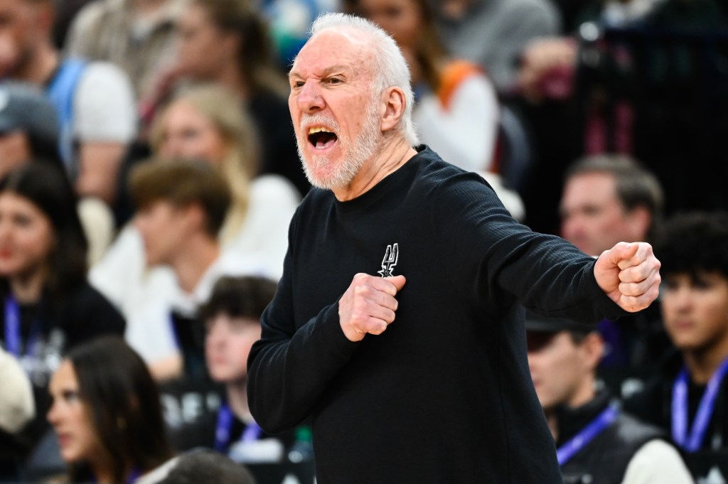 Gregg Popovich of the San Antonio Spurs yells to his team during the second half of a game against the Utah Jazz at Delta Center on October 31, 2024 in Salt Lake City, Utah. 