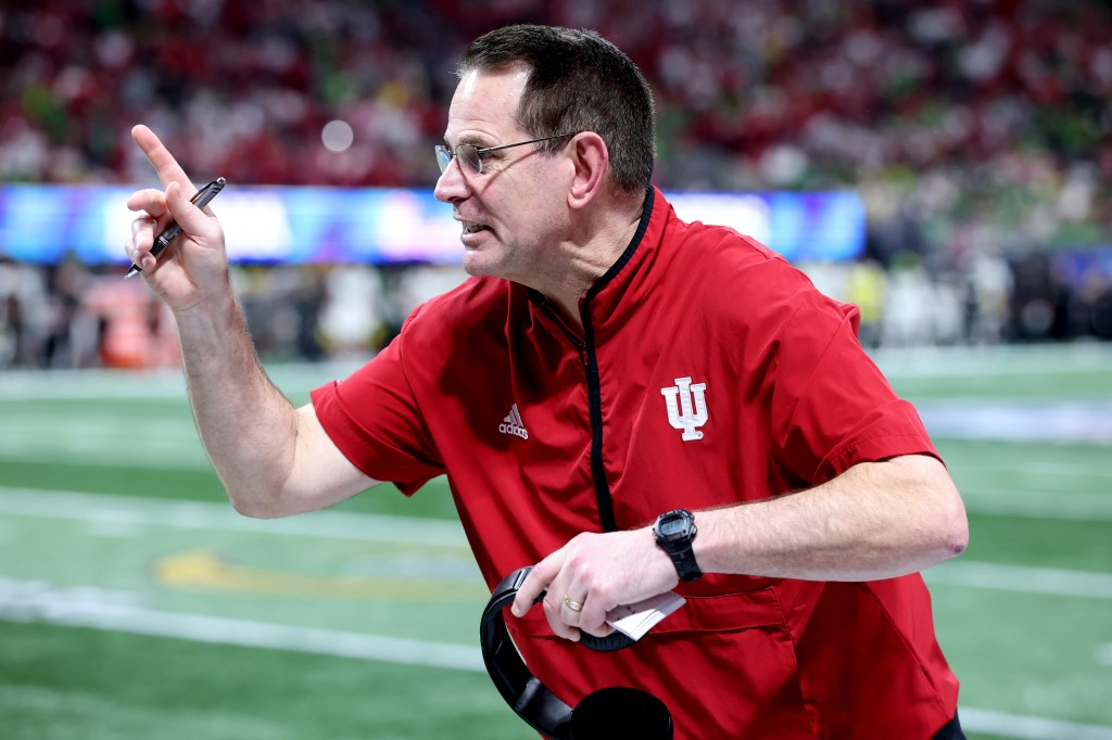 Head coach Curt Cignetti of the Indiana Hoosiers reacts against the Oregon Ducks during the fourth quarter in the 2025 College Football Playoff Semifinal at the Chick-fil-A Peach Bowl at Mercedes-Benz Stadium on January 09, 2026.