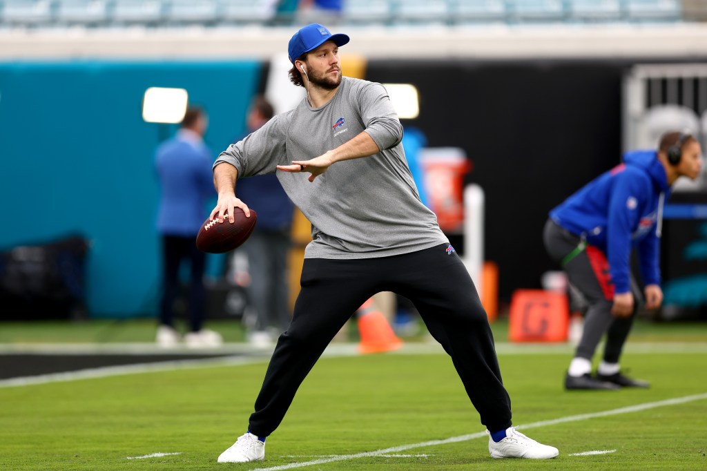 Josh Allen warms up before the AFC Wild Card Playoff game.