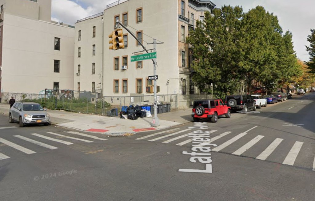 Street view of the intersection of Marcus Garvey Blvd and Lafayette Avenue in Bedford-Stuyvesant.