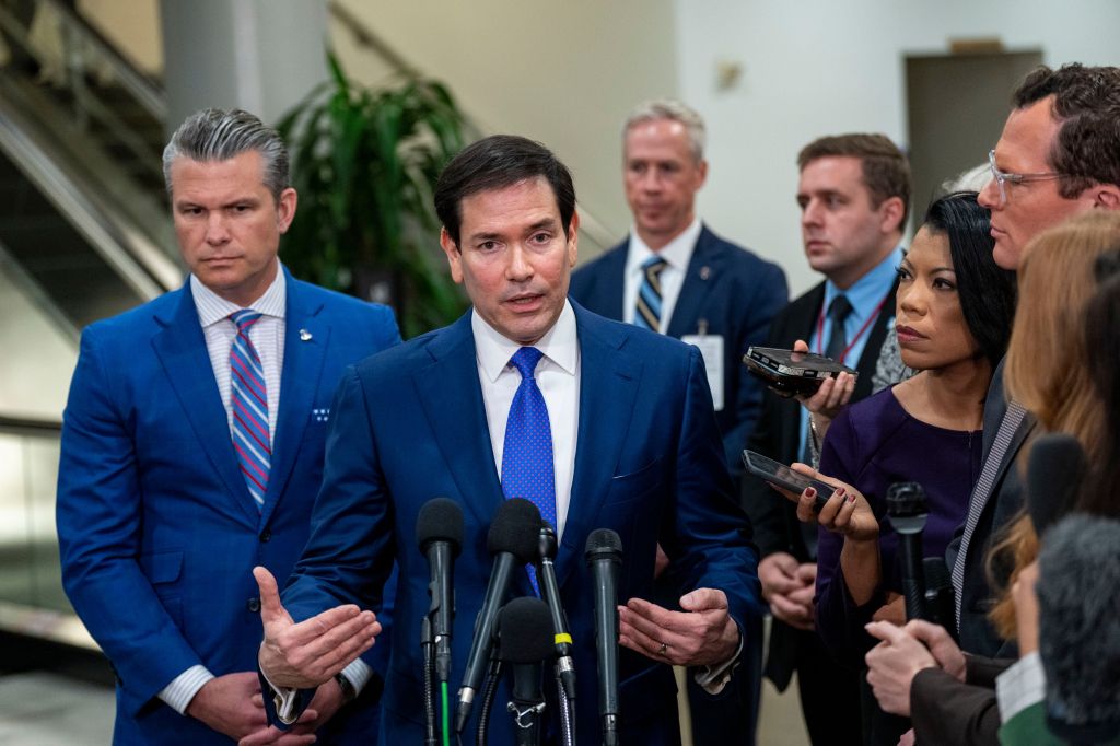 Secretary of State Marco Rubio speaks to the press alongside Secretary of Defense Pete Hegseth after a Venezuela briefing at the U.S. Capitol.