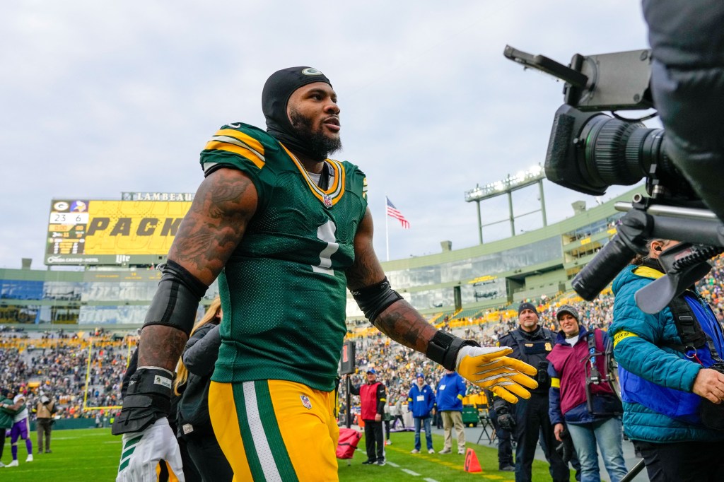 Green Bay Packers defensive end Micah Parsons (1) leaves the field after a game.